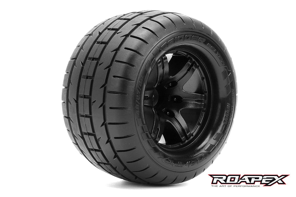 R3005-B2 TRIGGER BELTED 1/10 MONSTER TRUCK TIRE BLACK WHEEL 1/2 OFFSET 12mm HEX MOUNTED Roapex