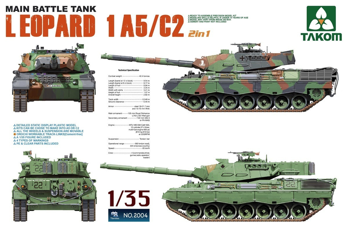TK2004 Takom 1/35 Main Battle Tank Leopard 1 A5/2C 2 in 1 Plastic Model Kit Takom