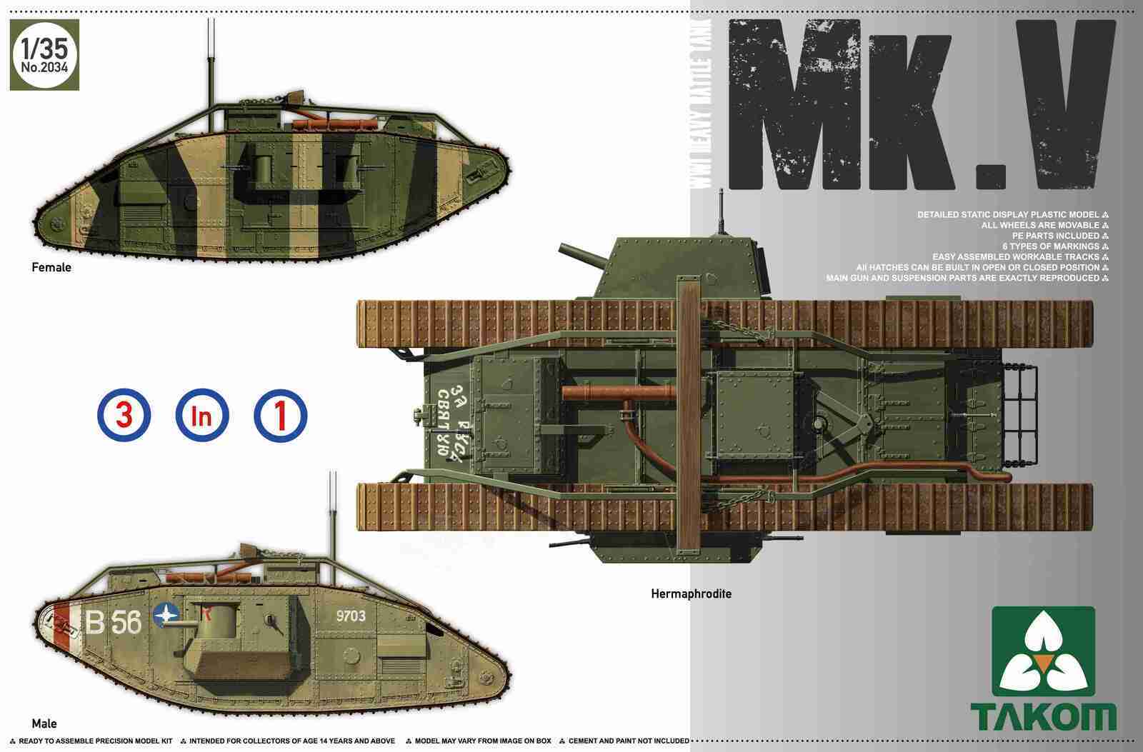 TK2034 Takom 1/35 WWI Heavy Battle Tank Mk V 3 in 1 Plastic Model Kit Takom