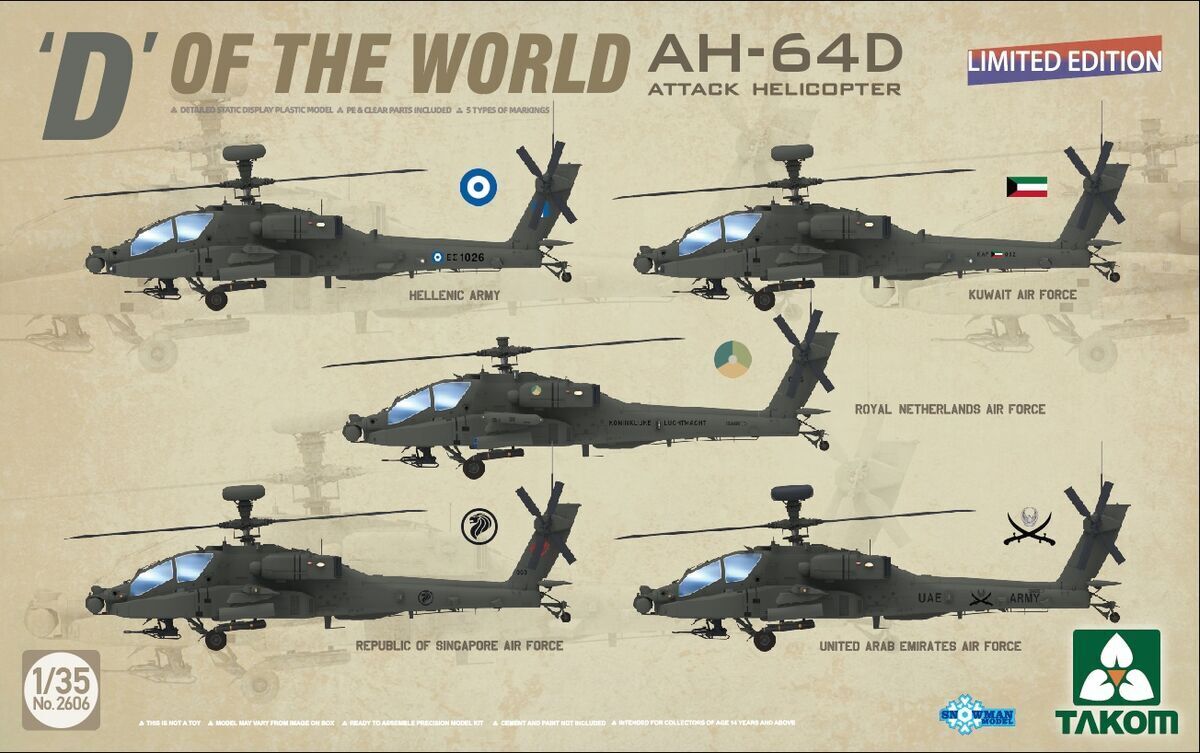 TK2606 Takom 1/35 "D" Of the World AH-64D Apache Longbow Attack Helicopter Limited Edition Plastic Model Kit Takom