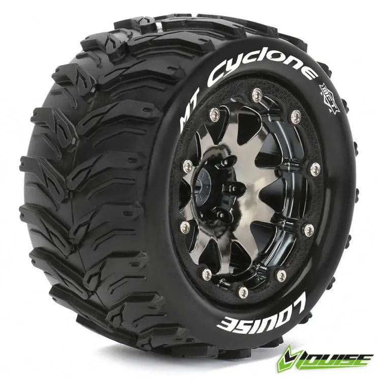 MT-CYCLONE Monster Truck MFT Tires on Black-Chrome 0-Offset Bead-Lock Wheels Louise