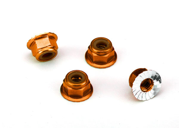 1747T TRAXXAS NUTS ALUM FLANGED SERRATED (4MM) ORNG-ANOD (4)