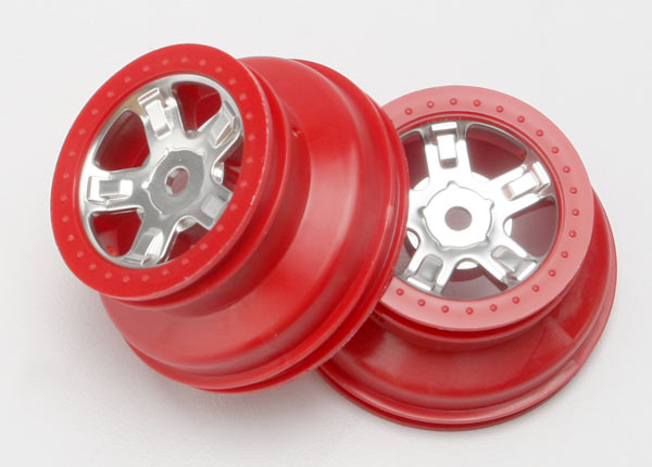 7072A TRAXXAS  WHEELS SCT SATIN CHROME RED BEADLOCK STYLE