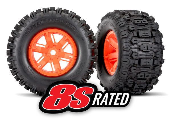 7774T TRAXXAS TIRES & WHEELS ASSMB (X-MAXX ORANGE WHEELS SLEDGEHAMMER TIRES) (L&R) (2)