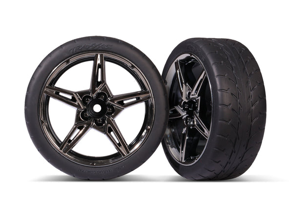 9370 TRAXXAS TIRES & WHEELS ASSMB (SPLIT-SPOKE BLK CHRM WHEELS 2.1 RESPONSE TIRES) (FRONT) (2)