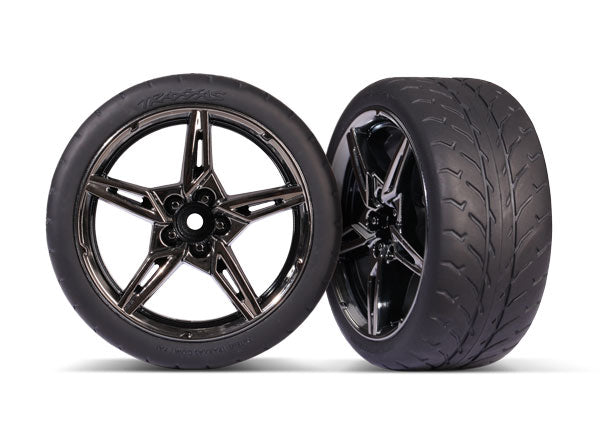 9371 TRAXXAS TIRES & WHEELS ASSMB (SPLIT-SPOKE BLK CHRM WHEELS2.1 RESPONSE TIRES) (EXTRA WIDE REAR) (2