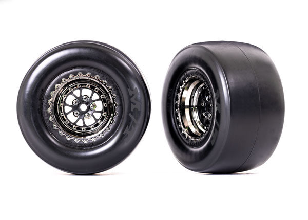 9477X TRAXXAS T&W ASSEM (WELD BLACK CHROME WHEELS MICKEY THOMPSON ET DRAG SLICKS SMOKE) (REAR) (2)