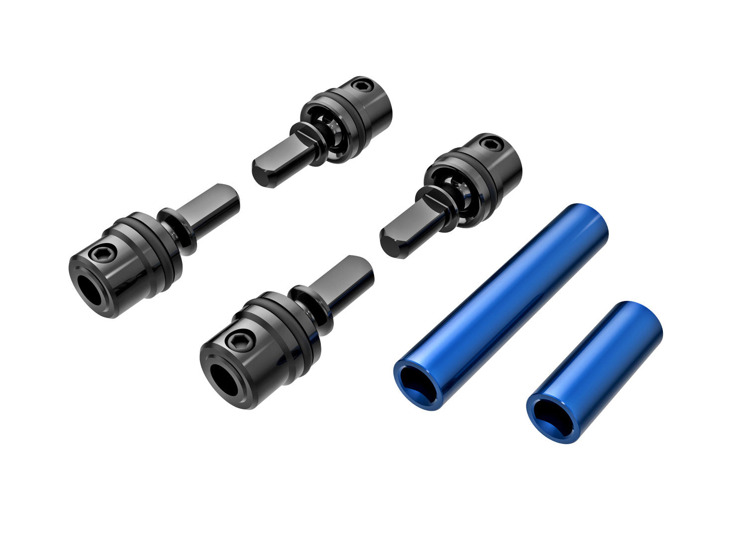 9751-BLUE TRAXXAS BLUE-DRIVESHAFTS CENTER MALE (STEEL) (4)/CENTER FEMALE 6061-T6 ALUM (F & R)/1.6X7MM BCS