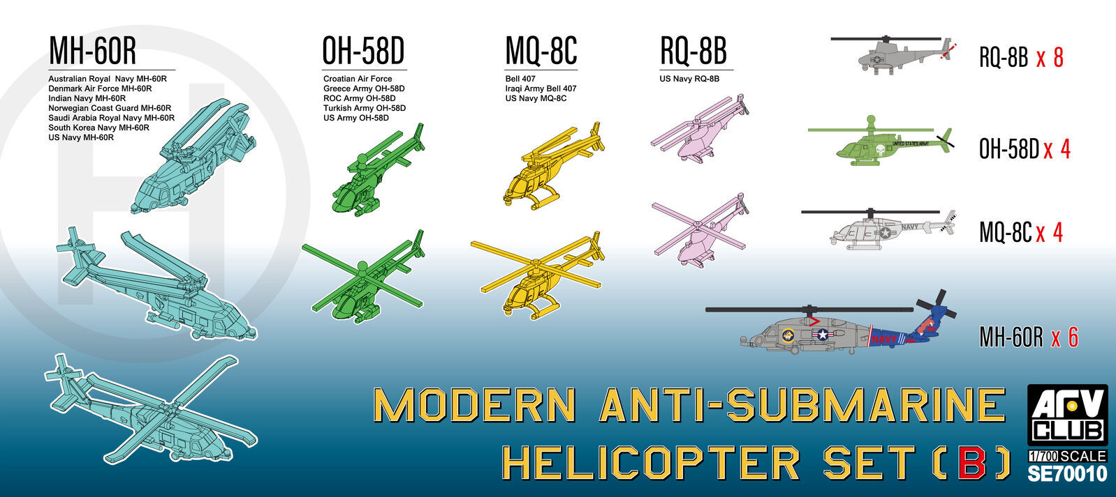 AFV Club 1/700 Modern Anti-submarine Helicopter Set 2 (MH-60R & OH-58D & MQ-8B/C) Plastic Model Kit