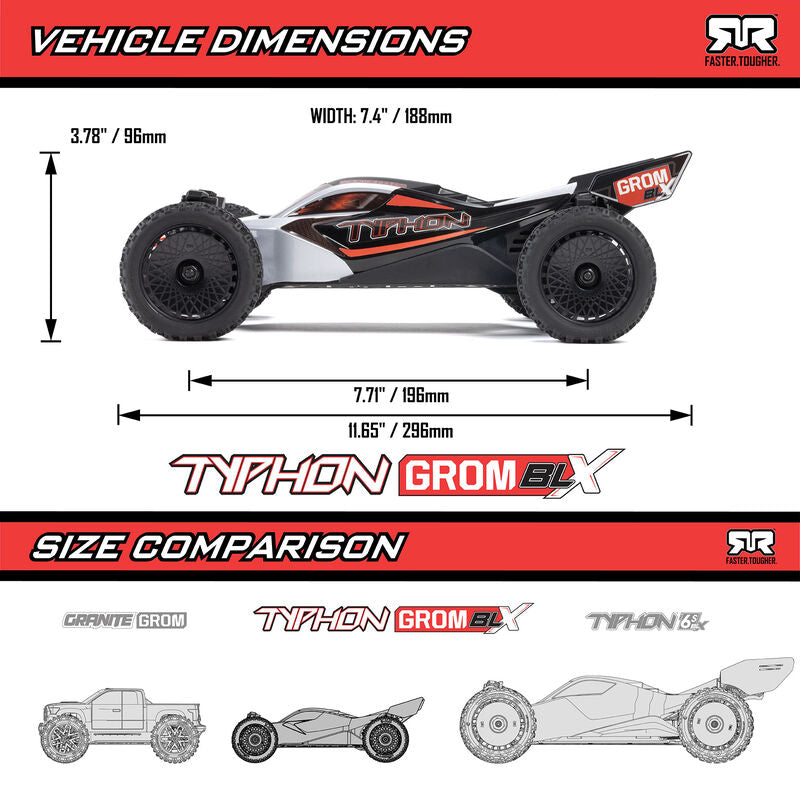 Arrma Typhon Grom 223S DSC Brushless 4X4 1/14 RC Buggy, Silver - ARA2306T1