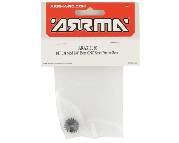 ARA311080 Arrma 18T 0.8Mod 1/8 Bore CNC Steel Pinion Gear, AR311080