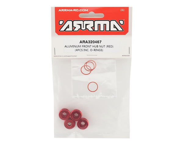 ARA320467 Arrma Aluminum Front Hub Nut Red (4) inc O-Rings, AR320467