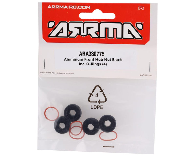 ARA330775 Arrma Aluminum Front Hub Nut Black Inc. O-Rings, 4pcs, Fireteam, AR330775