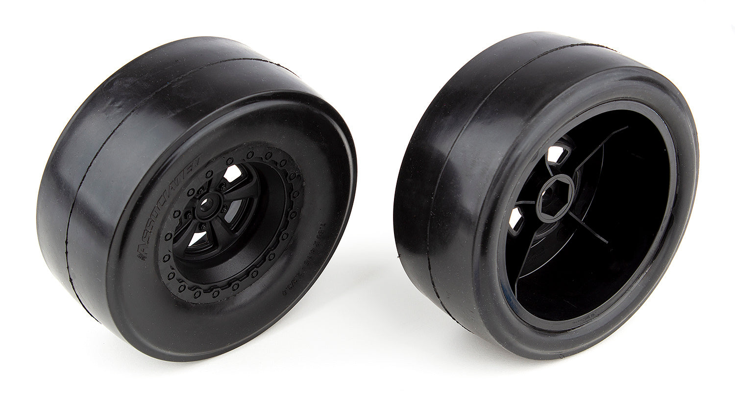 ASS71072 DR10 Rear Wheels and Drag Slick Tires, mounted Team Associated