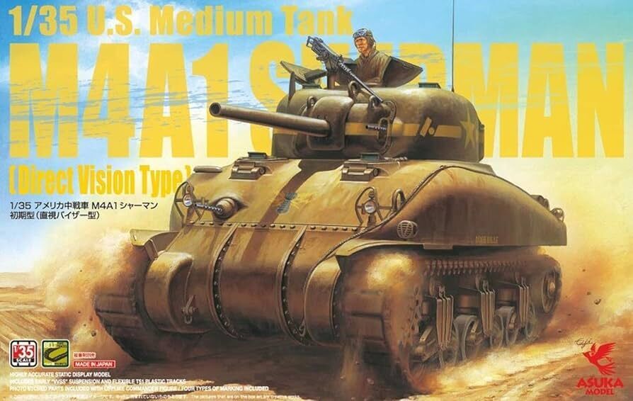 Asuka 1/35 U.S. Medium Tank M4A1 Sherman (Direct Vision Type) Plastic Model Kit