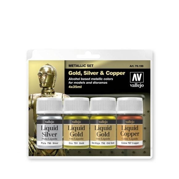 AV70199 Vallejo Metallic Set Gold, Silver & Copper 4 x 35ml Acrylic Paint Set [70199]