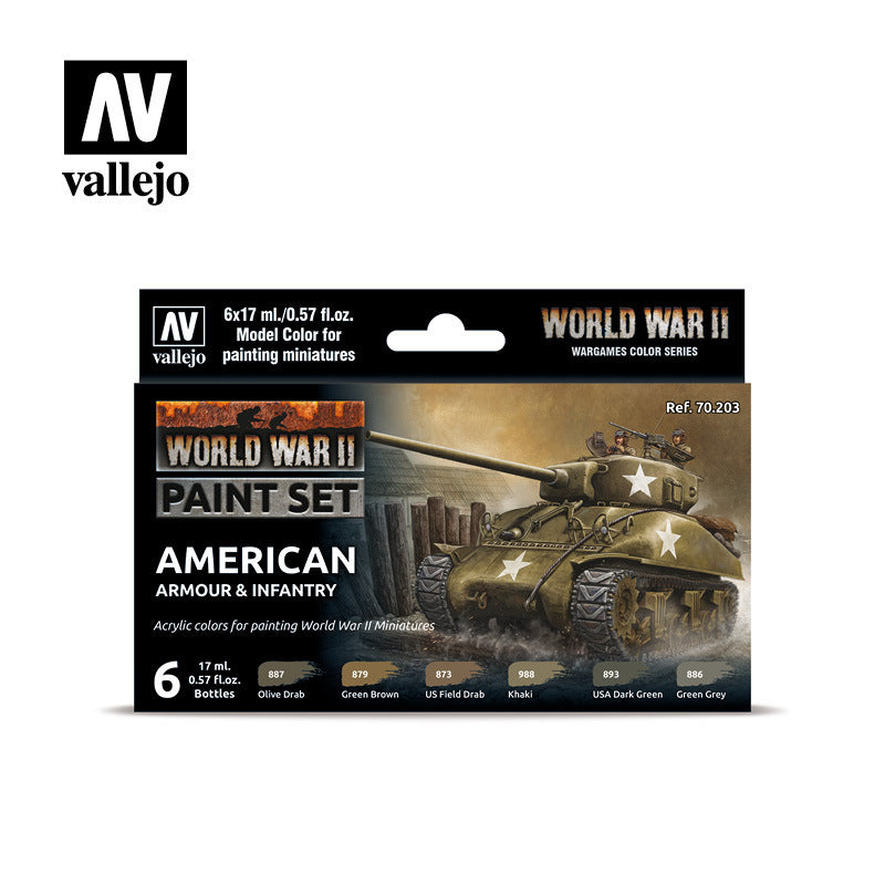 AV70203 Vallejo Model Colour WWII American Armour & Infantry Acrylic 6 Colour Paint Set [70203] Vallejo