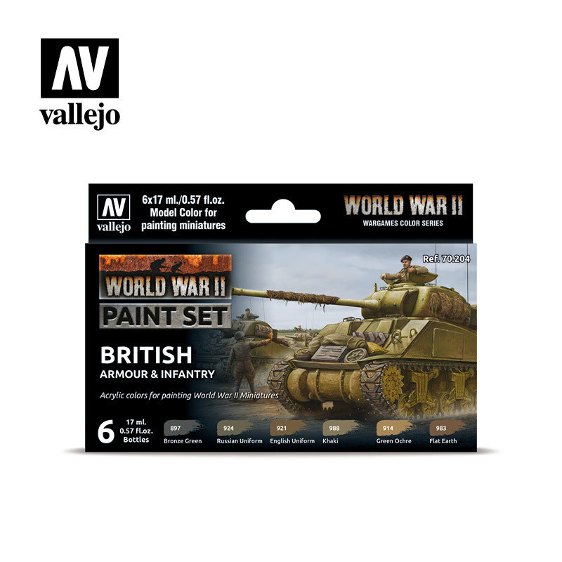 AV70204 Vallejo Model Colour WWII British Armour & Infantry Acrylic 6 Colour Paint Set [70204] Vallejo
