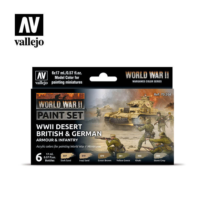 AV70208 Vallejo Model Colour WWII Desert British & German Armour & Infantry Acrylic Paint Set [70208] Vallejo
