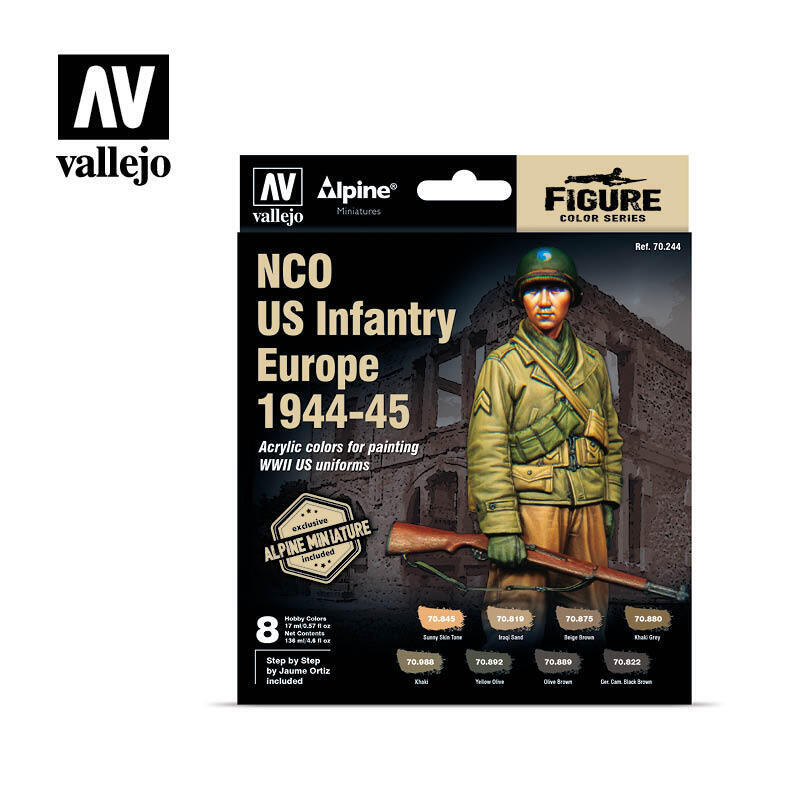 AV70244 Vallejo Model Color Alpine NCO US Infantry Europe 1944-45 Acrylic Paint Set w/ Figure [70244] Vallejo