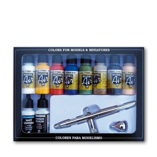 AV71167 Vallejo Model Air Basic Colours 10 Colour Acrylic Paint + Airbrush Set [71167]