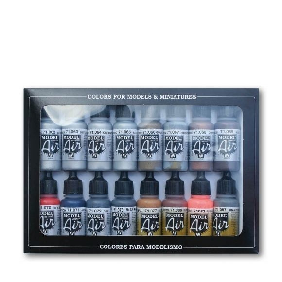 AV71181 Vallejo Model Air Metallic Effects 16 Colour Acrylic Airbrush Paint Set [71181]