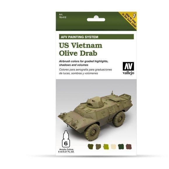 AV78412 Vallejo Model Air AFV Set US Vietnam Olive Drab 6 Colour Acrylic Paint Set [78412]