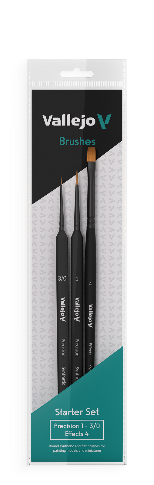 AVB03990 Vallejo Hobby Brushes: Precision Starter Set (Round No.1 & 3/0 Triangular Handle, Flat No.4, synthetics)