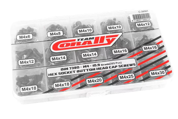 C-38501 Team Corally - Screw Set M4 - Hex Button Head - DIN 7380 - Steel Black - 10.9 Grade - 15 Sizes - 265 pcs