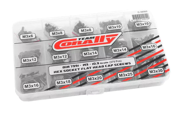 C-38505 Team Corally - Screw Set M3 - Hex Flat Head - DIN 7991 - Steel Black - 10.9 Grade - 15 Sizes - 375 pcs