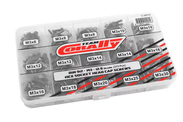 C-38510 Team Corally - Screw Set M3 - Hex Socket Head - DIN912 - Steel Black - 12.9 Grade - 15 Sizes - 375 pcs