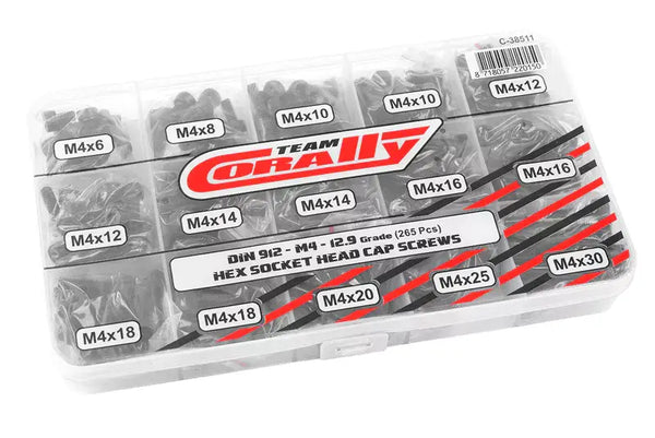 C-38511 Team Corally - Screw Set M4 - Hex Socket Head - DIN912 - Steel Black - 12.9 Grade - 15 Sizes - 265 pcs