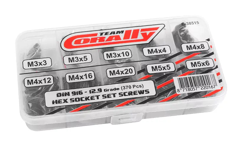 C-38515 Team Corally - Screw Set - Set Screws - M3 - M4 - M5 - DIN 916 - Steel Black - 12.9 Grade - 10 Sizes - 370 pcs