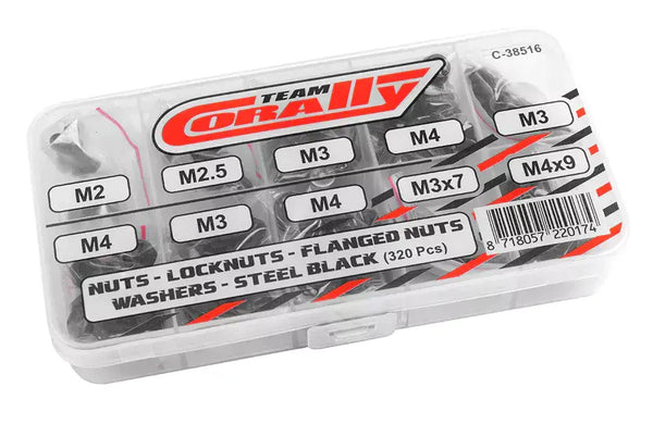 C-38516 Team Corally - Nuts - Lock Nuts - Washers Set - M2 - M2.5 - M3 - M4 - Steel Black - 10 Sizes - 320 pcs