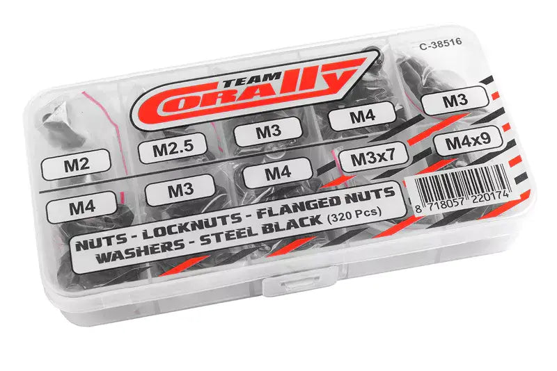 C-38516 Team Corally - Nuts - Lock Nuts - Washers Set - M2 - M2.5 - M3 - M4 - Steel Black - 10 Sizes - 320 pcs
