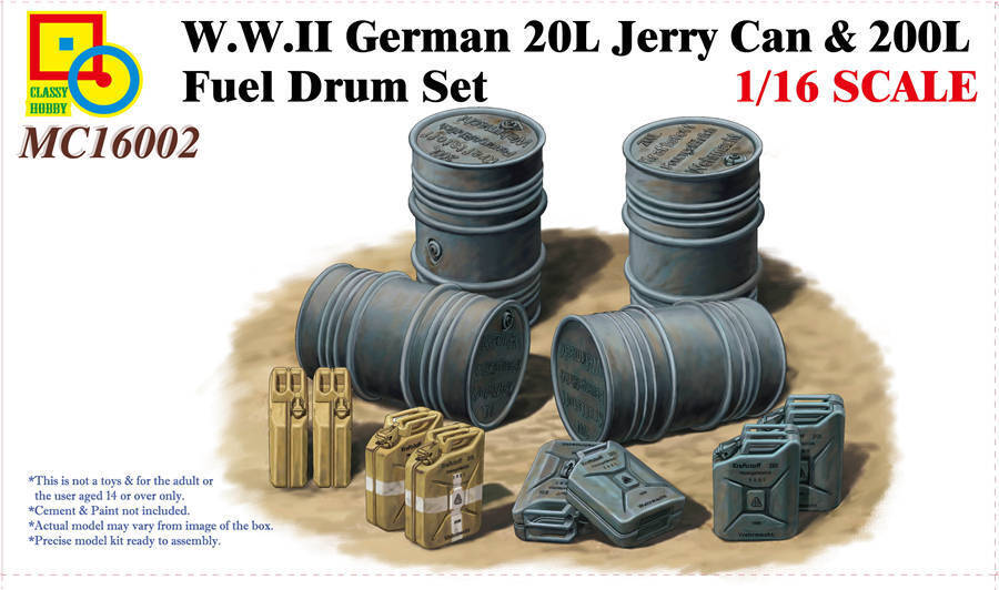 Classy 1/16 W.W.II German 20L Jerry Can & 200L Fuel Drum Set. Plastic Model Kit [16002]