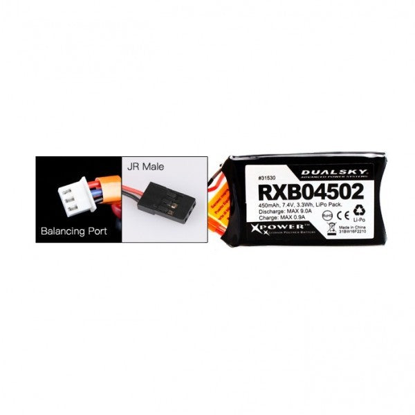 DSRXB04502 Dualsky 450mah 2S 7.4v 25C LiPo Receiver Battery with Servo Connector