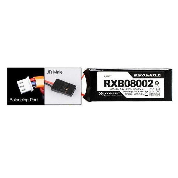 DSRXB08002 Dualsky 800mah 2S 7.4v 25C LiPo Receiver Battery with Servo Connector