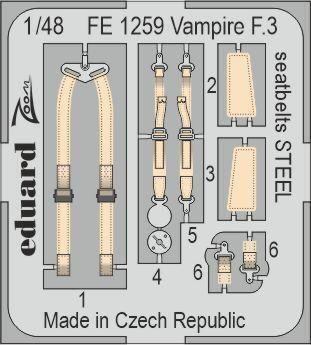EDFE1259 Eduard 1/48 Vampire F.3 (Airfix) Seatbelts Steel Colour Photo Etch Set [FE1259] Eduard