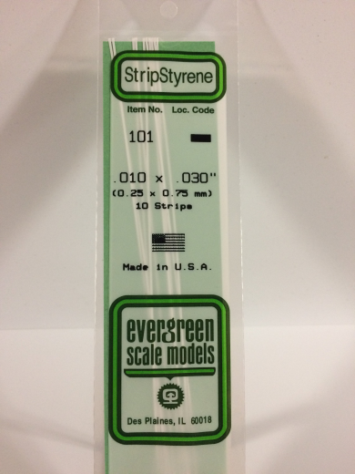 Evergreen White Polystyrene Strip 0.010 x 0.030 x 14" / 0.25mm x 0.76mm x 36cm (10)