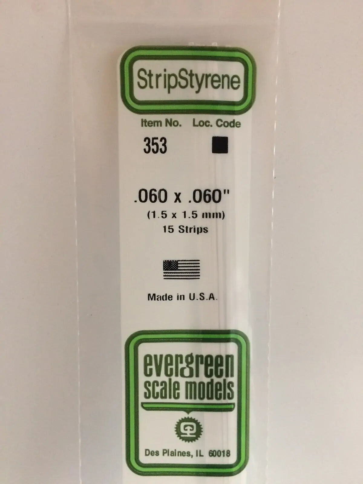 Evergreen White Polystyrene Strip 0.060 x 0.060 x 24" / 1.5mm x 1.5mm x 61cm (15)