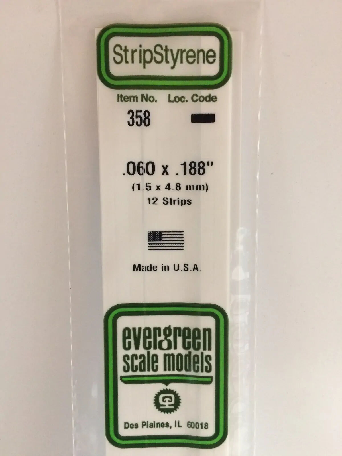 Evergreen White Polystyrene Strip 0.060 x 0.188 x 24" / 1.5mm x 4.8mm x 61cm (12)