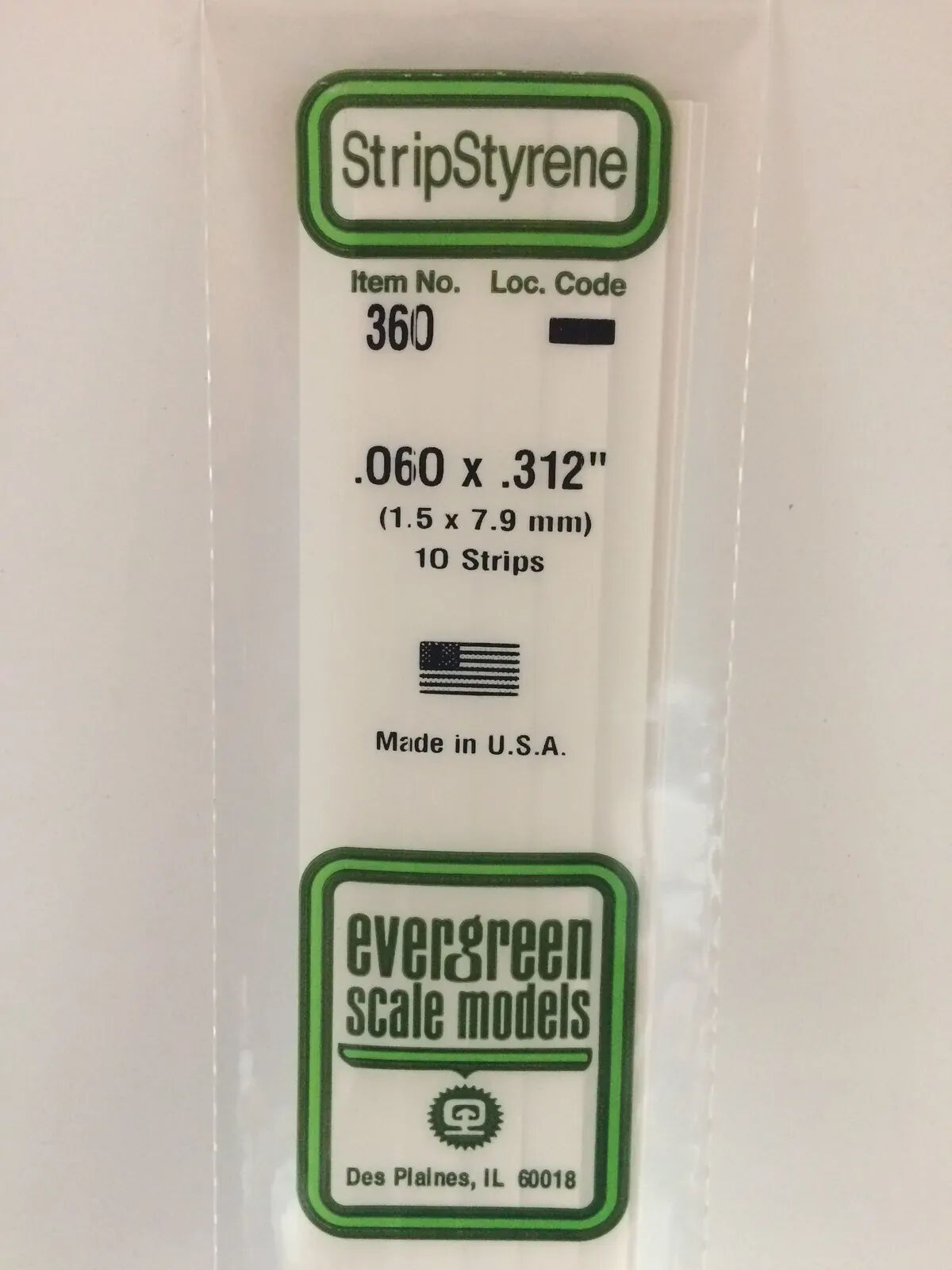Evergreen White Polystyrene Strip 0.060 x 0.312 x 24" / 1.5mm x 7.9mm x 61cm (10)