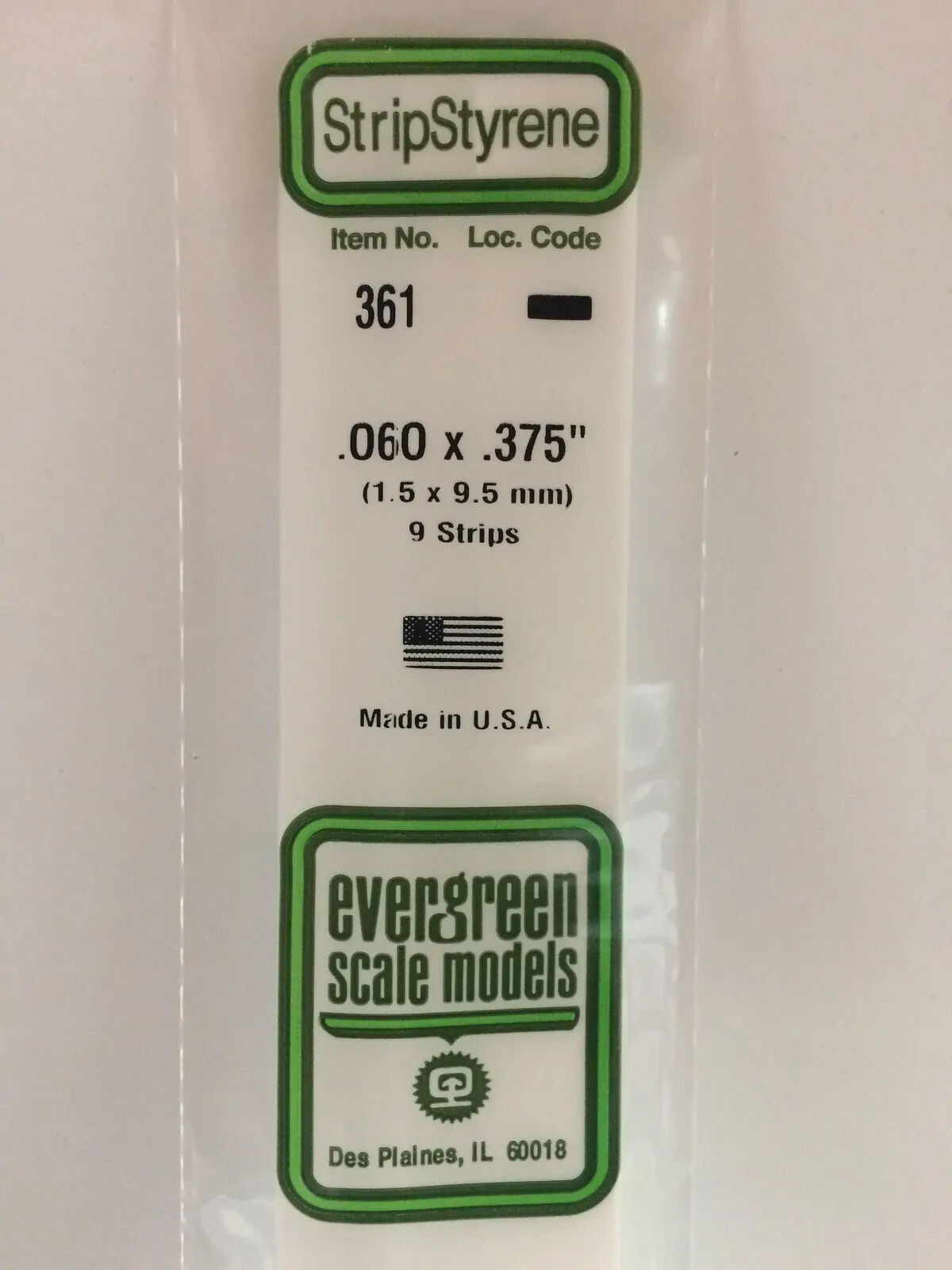 Evergreen White Polystyrene Strip 0.060 x 0.375 x 24" / 1.5mm x 9.5mm x 61cm (9)