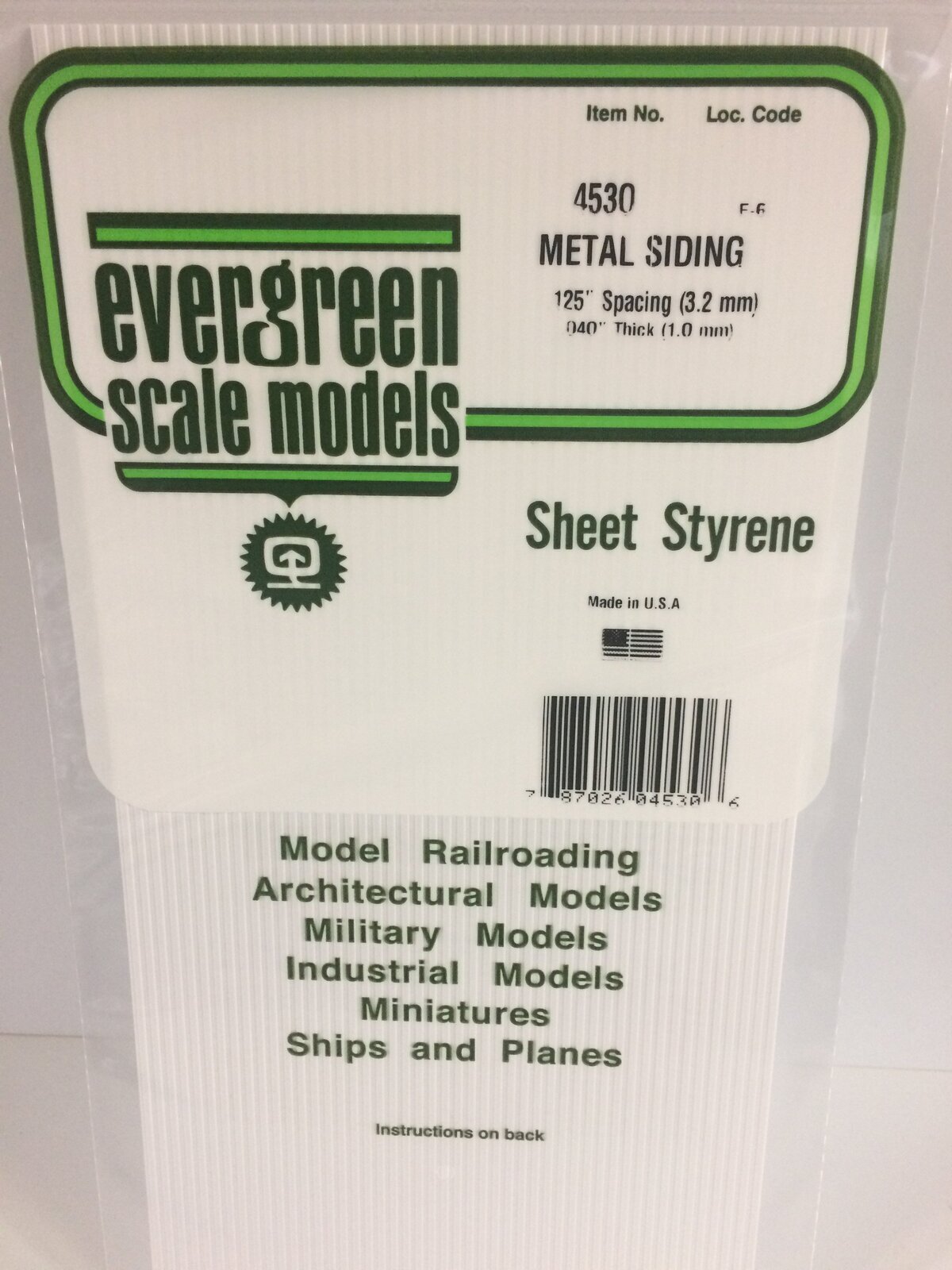 Evergreen White Polystyrene Metal Siding Sheet 0.125 x 6 x 12" / 3.2mm x 15cm x 30cm (1)