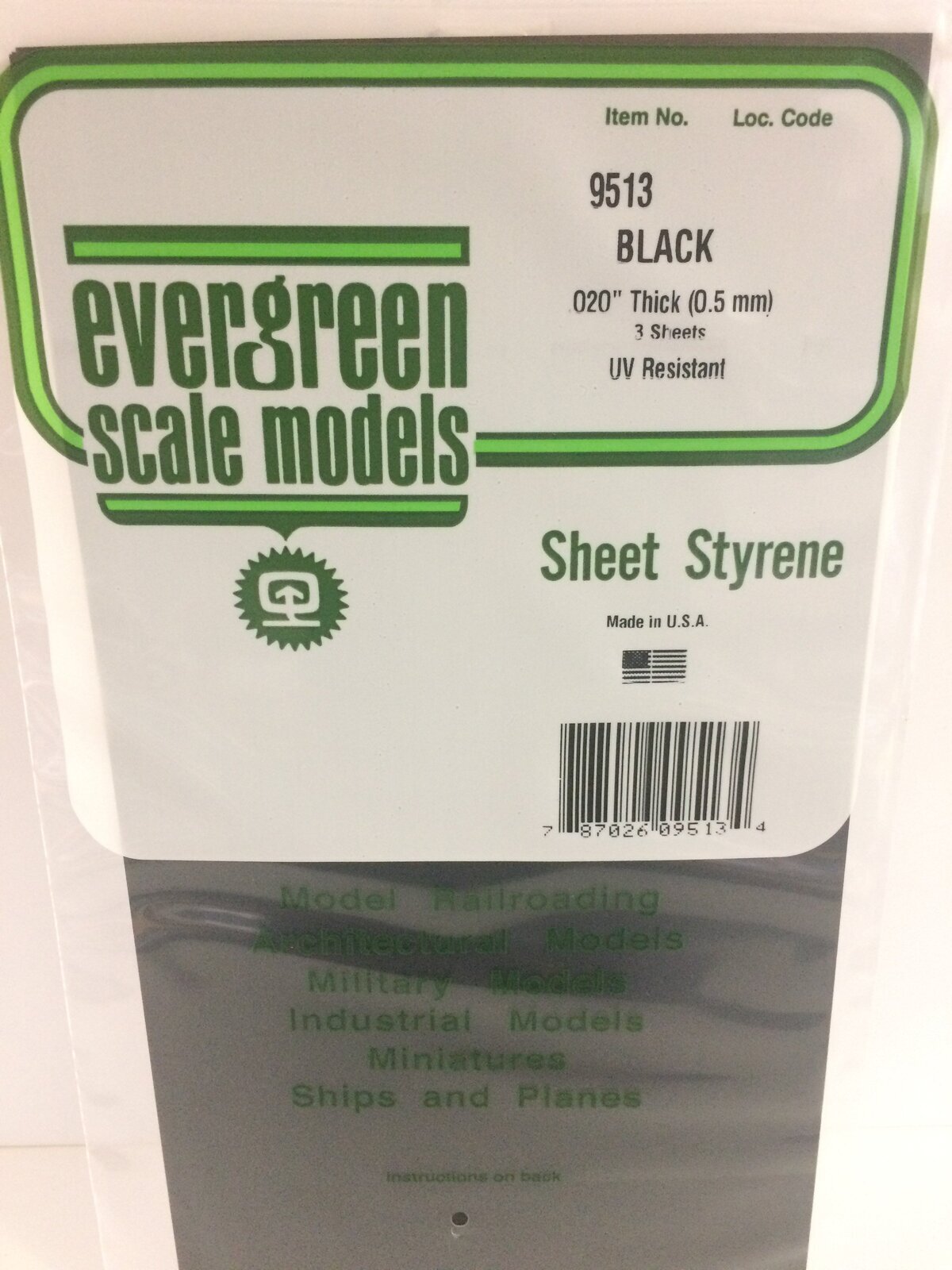 Evergreen Black Polystyrene Sheet 0.020 x 6 x 12" / 0.51mm x 15cm x 30cm (3)
