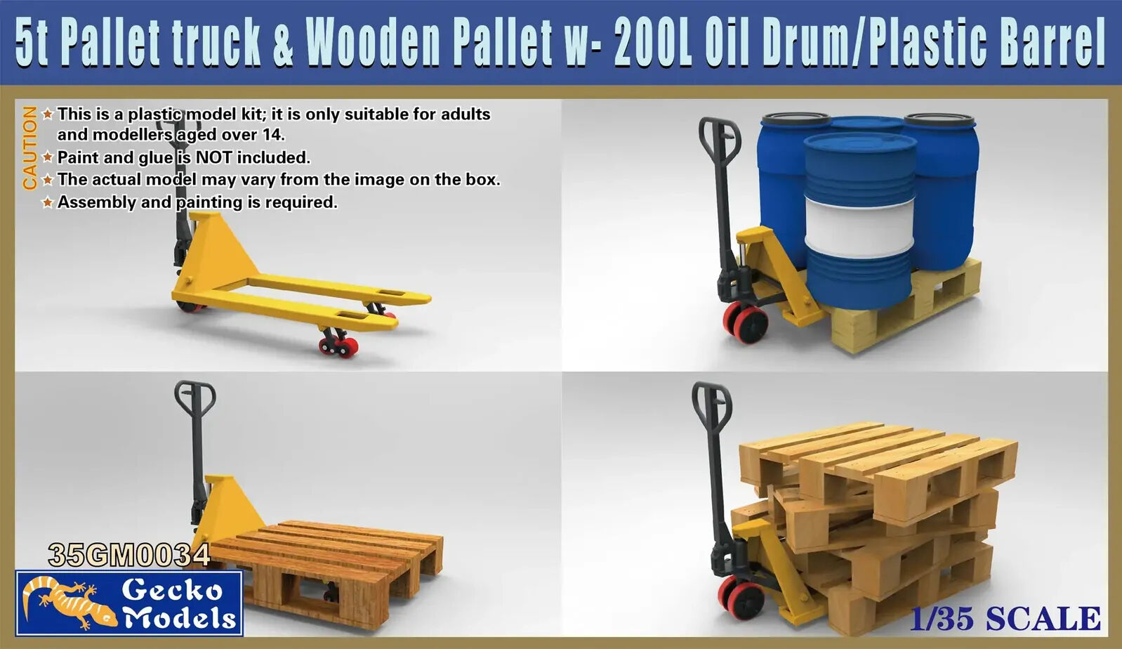 Gecko 1/35 5t Pallet truck & Wooden Pallet w- 200L Oil Drum-Plastic Barrel Set Plastic Model Kit