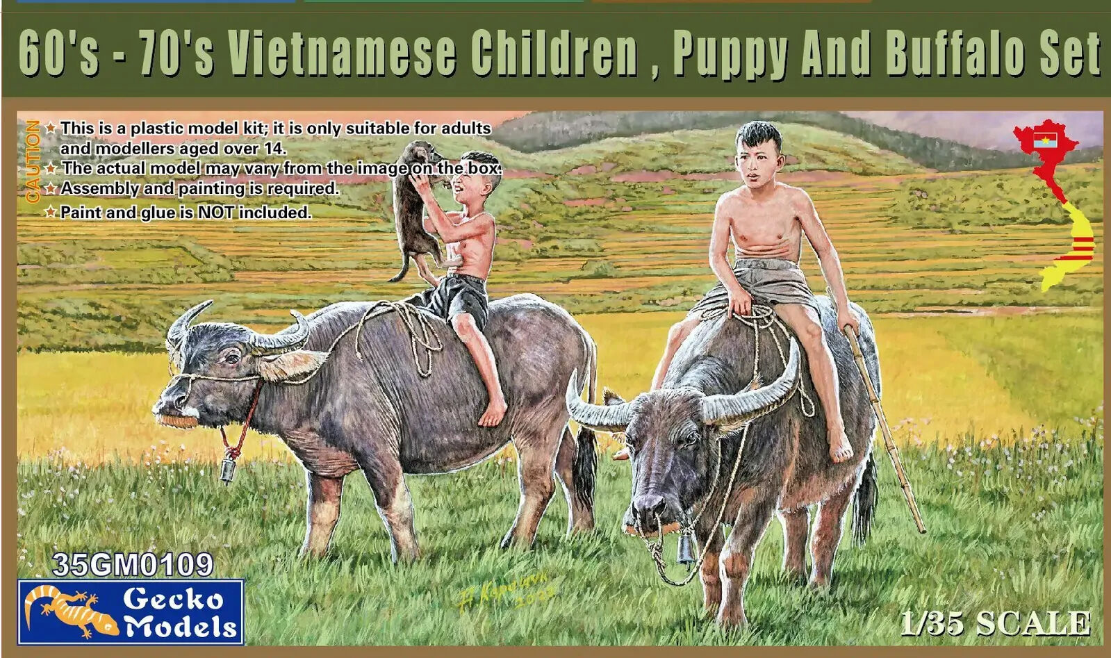 Gecko 1/35 60's - 70's Vietnamese Children , Puppy And Buffalo Set Plastic Model Kit