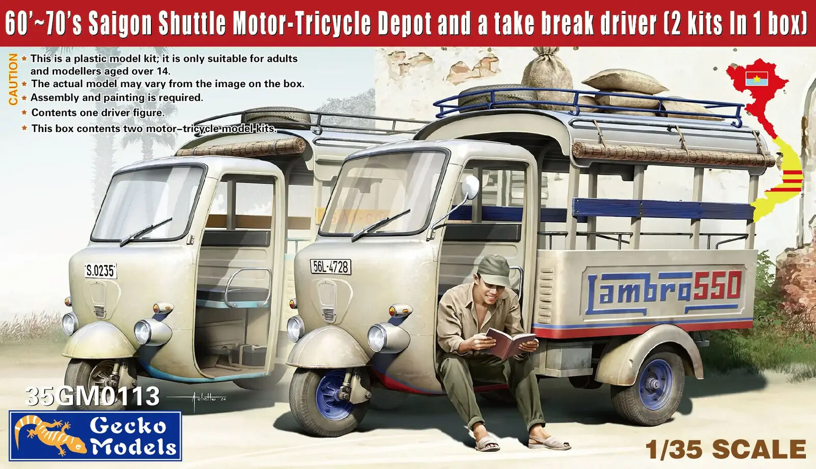Gecko 1/35 60's-70's Saigon Shuttle Motor-Tricycle Depot 2-in-1 Plastic Modelk Kit