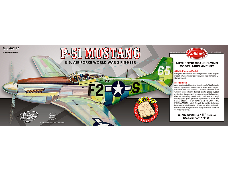 GUI-402LC Guillow's Mustang - Laser Cut Balsa Plane Model Kit Guillows
